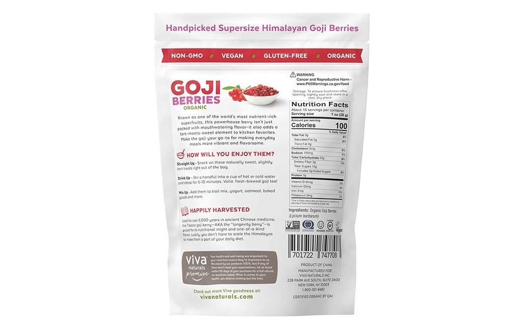 Viva Naturals Organic Goji Berries    Pack  454 grams